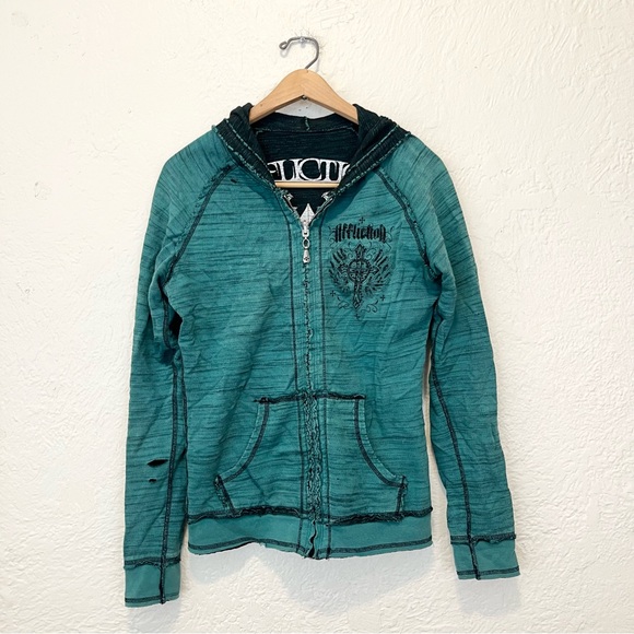 Affliction Reversible Hoodie Teal Green Medium M - Picture 10 of 16